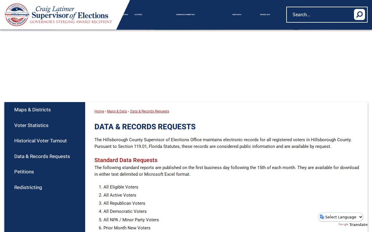 Hillsborough County resident lookup voter data request channels