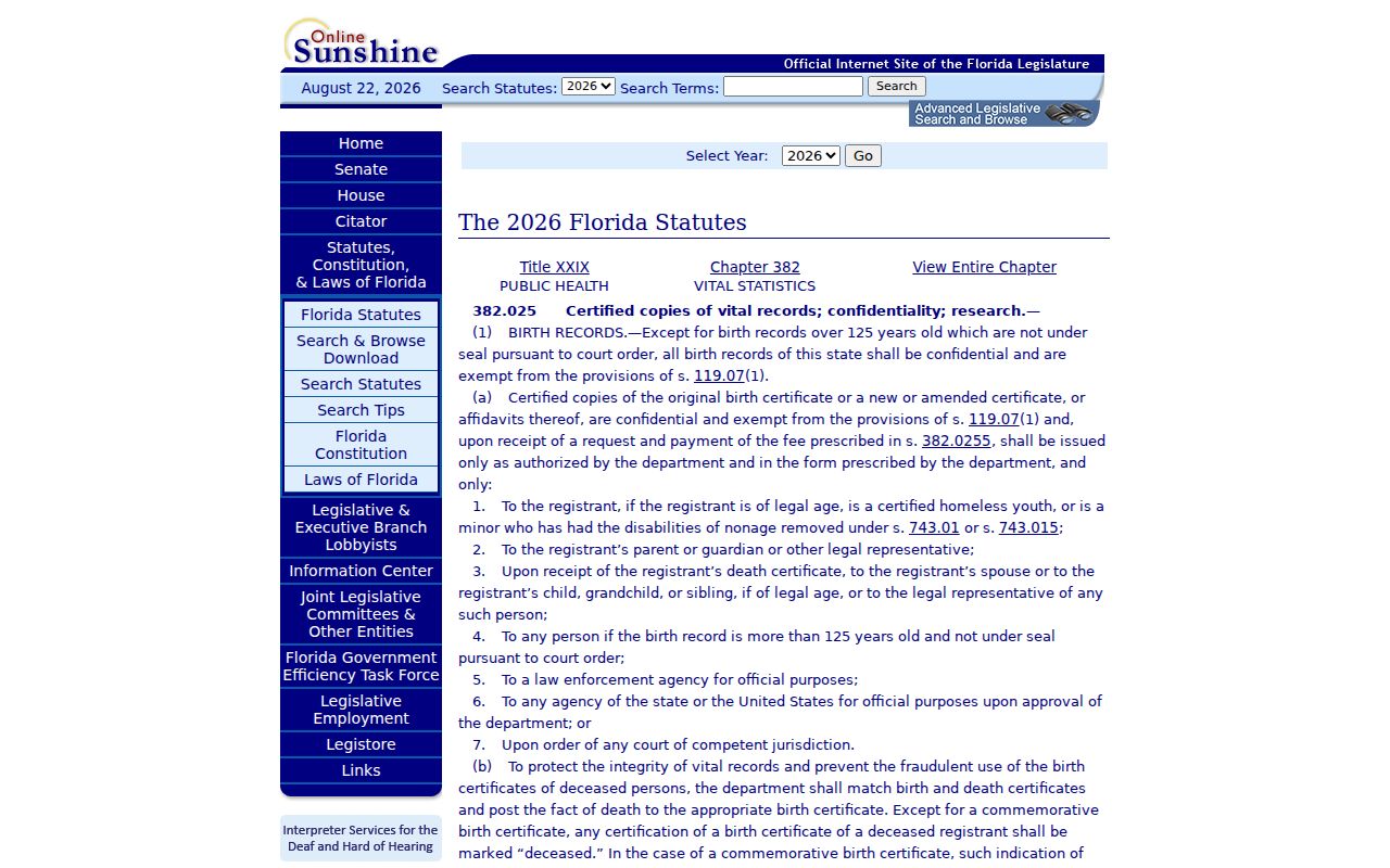 Hillsborough County resident lookup Florida vital confidentiality statute